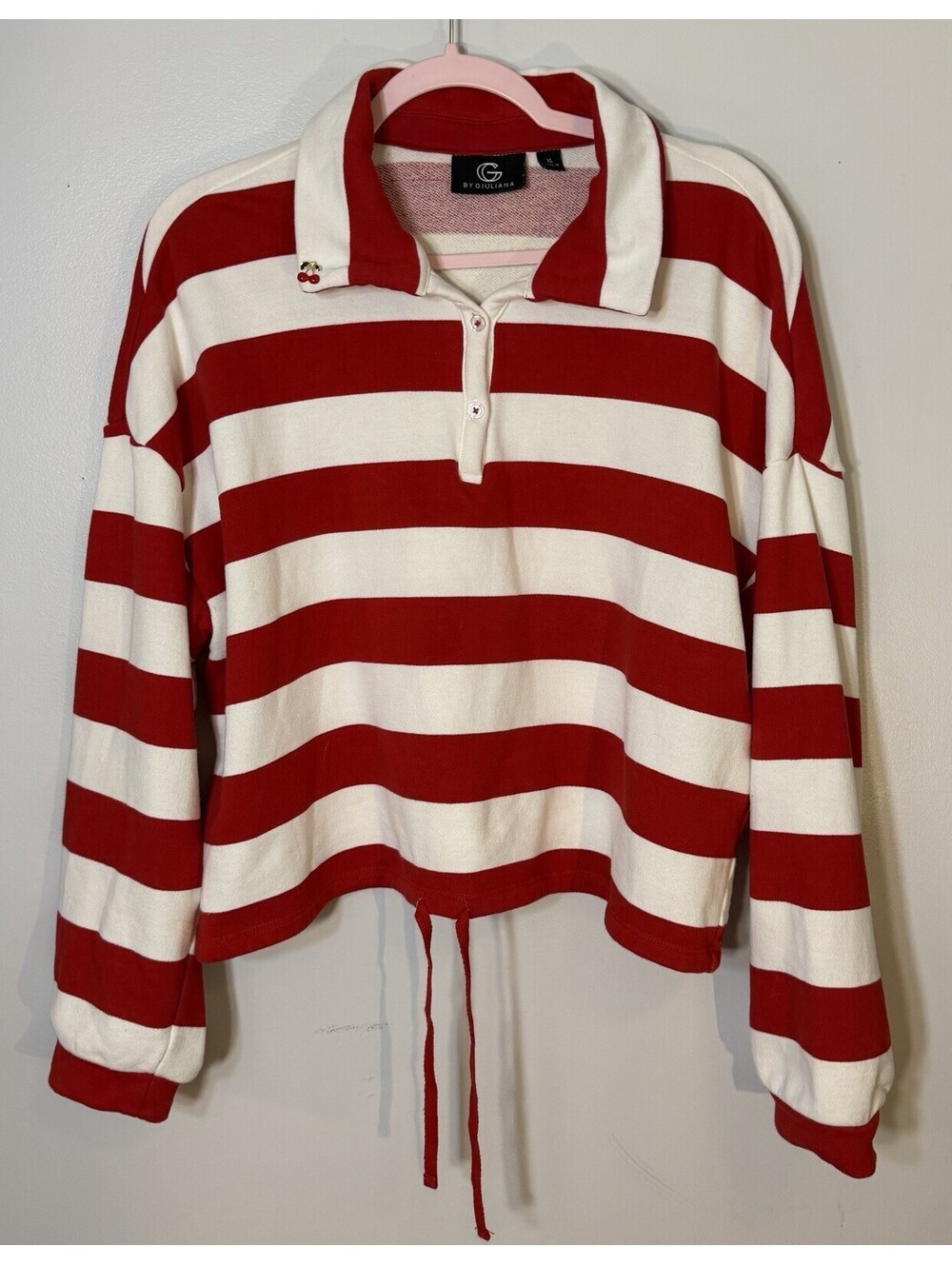 G By Giuliana Red White Striped Cropped Rugby Polo Long Sleeve Cinch Pullover XL